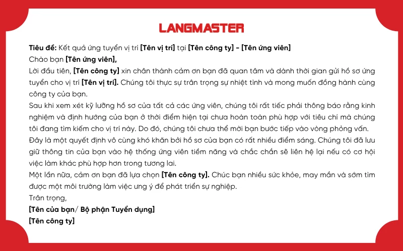Mẫu email từ chối ứng viên sau vòng hồ sơ (CV)