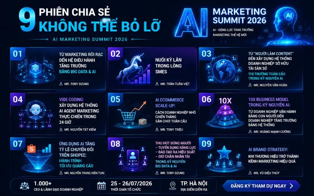 9 Phiên chia sẻ thực chiến tại AI Marketing Summit 2026 – nơi quy tụ các chuyên gia hàng đầu
