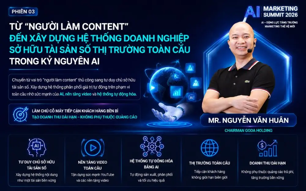 Chuyển đổi từ người làm content sang xây dựng hệ thống tài sản số toàn cầu bằng AI – mô hình giúp doanh nghiệp tự động hóa nội dung, mở rộng tiếp cận và tạo doanh thu bền vững.