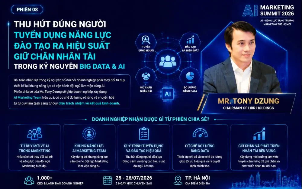 Phiên chia sẻ về xây dựng hệ thống nhân sự kỷ nguyên AI giúp doanh nghiệp thu hút, đào tạo và giữ chân nhân tài thông qua tư duy dữ liệu và khung năng lực hiện đại.