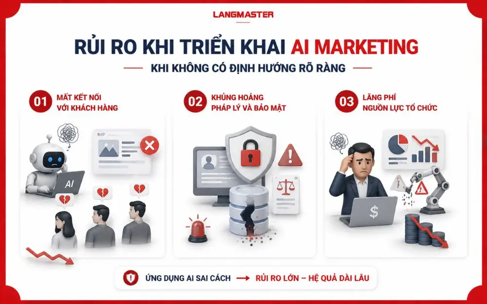 Triển khai AI marketing sai cách có thể gây mất kết nối khách hàng, rủi ro bảo mật và lãng phí nguồn lực doanh nghiệp.