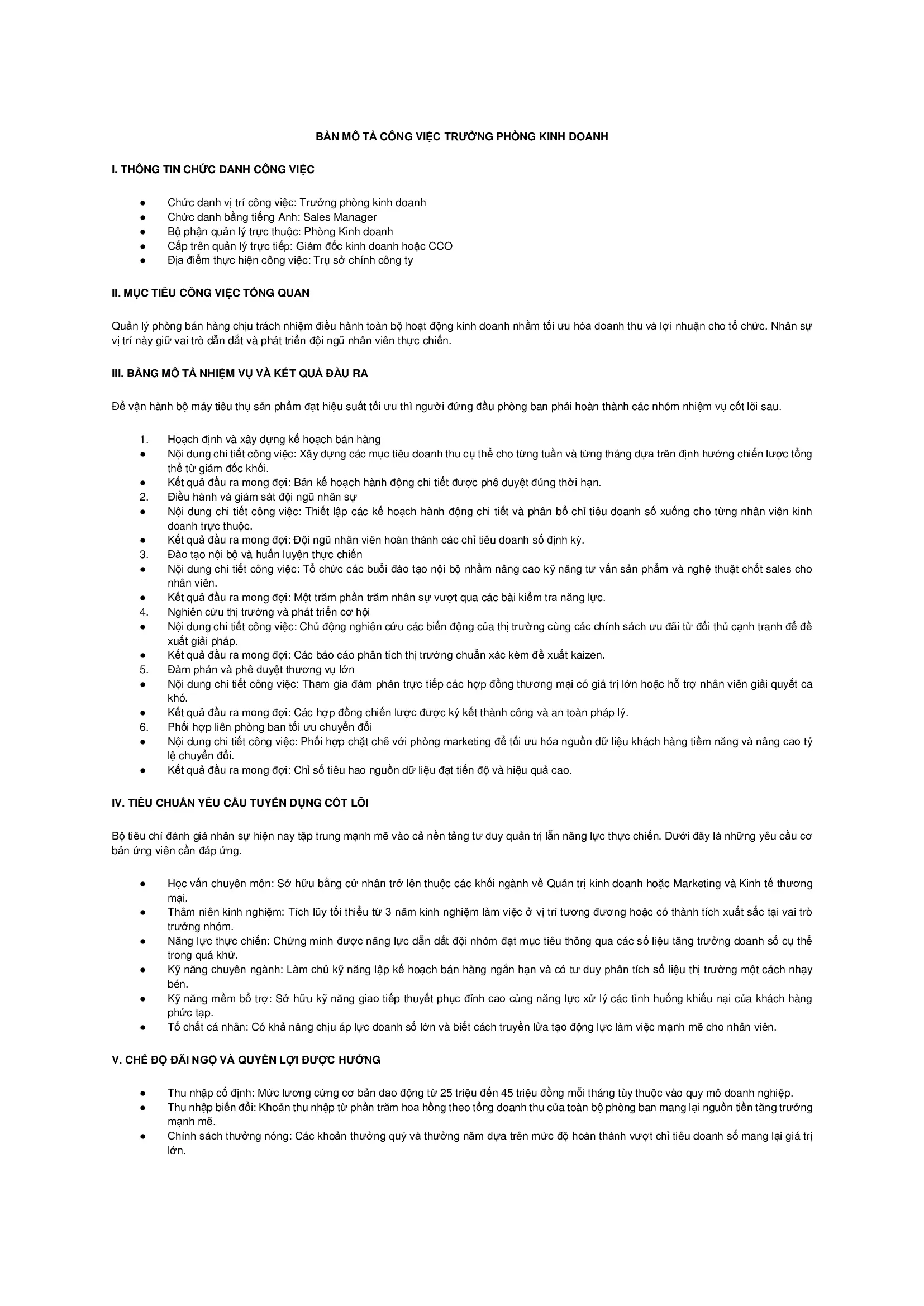 Mẫu JD trưởng phòng kinh doanh file Word