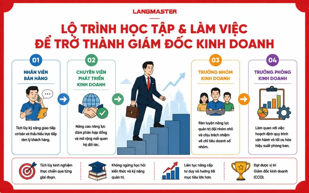 Các bước thăng tiến trong sự nghiệp kinh doanh, giúp nhân sự phát triển năng lực để trở thành Giám đốc kinh doanh (CCO).