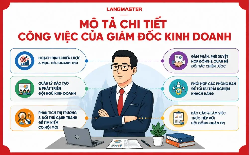 Giám đốc kinh doanh đảm nhiệm vai trò hoạch định chiến lược, quản trị đội ngũ và dẫn dắt hoạt động tăng trưởng doanh nghiệp.