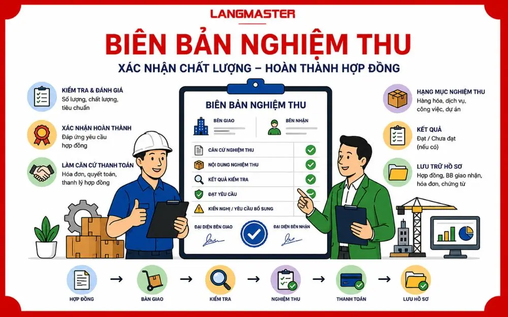 Biên bản nghiệm thu xác nhận chất lượng, hoàn thành hợp đồng và căn cứ thanh toán.