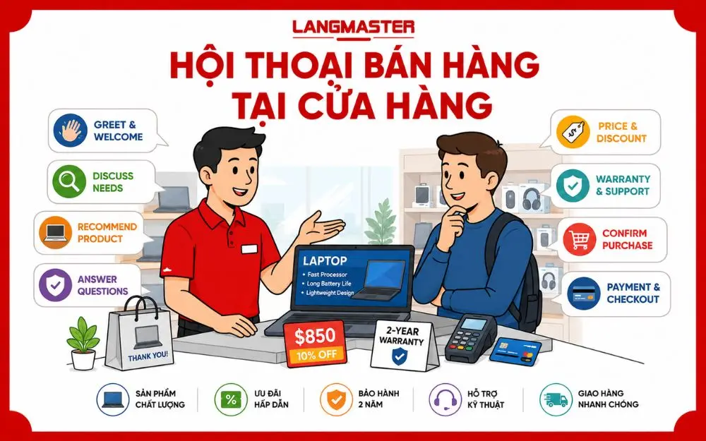 Hội thoại tiếng Anh bán hàng tại cửa hàng với quy trình tư vấn và chốt đơn