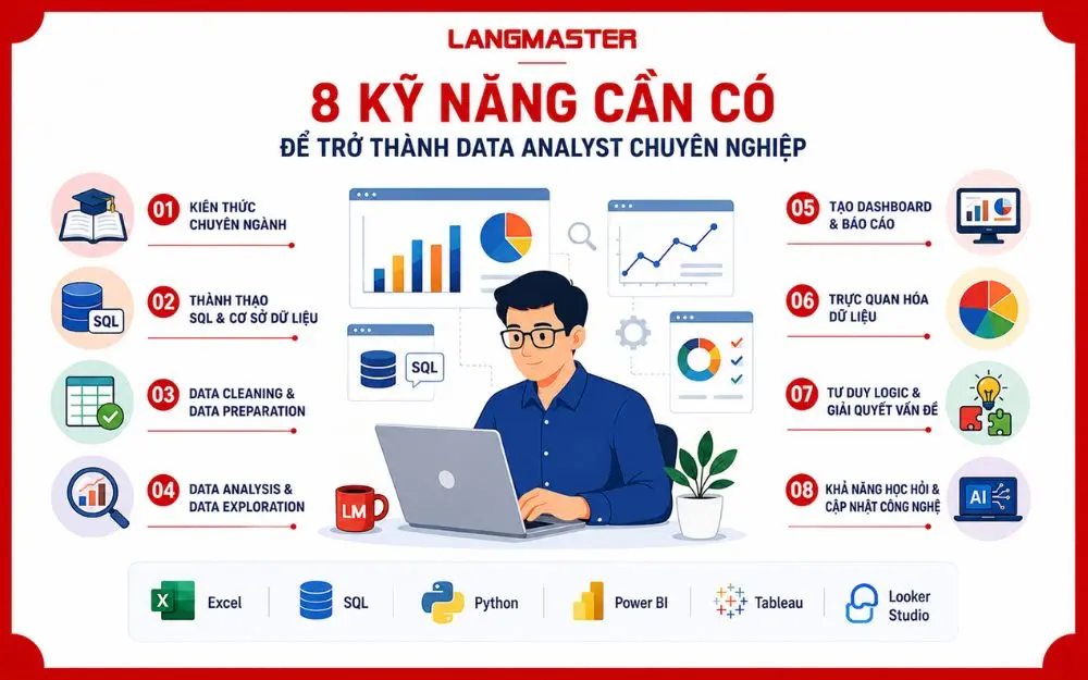 Lộ trình phát triển Data Analyst từ Fresher đến chuyên gia và quản lý dữ liệu.