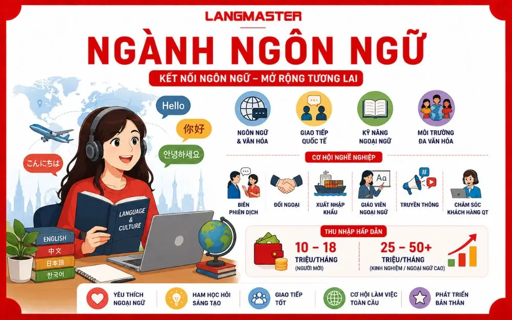 Ngành Ngôn ngữ mở rộng cơ hội nghề nghiệp trong môi trường quốc tế và đa văn hóa.