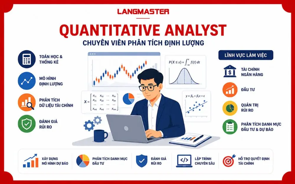 Quantitative Analyst ứng dụng toán học và dữ liệu để hỗ trợ quyết định tài chính.