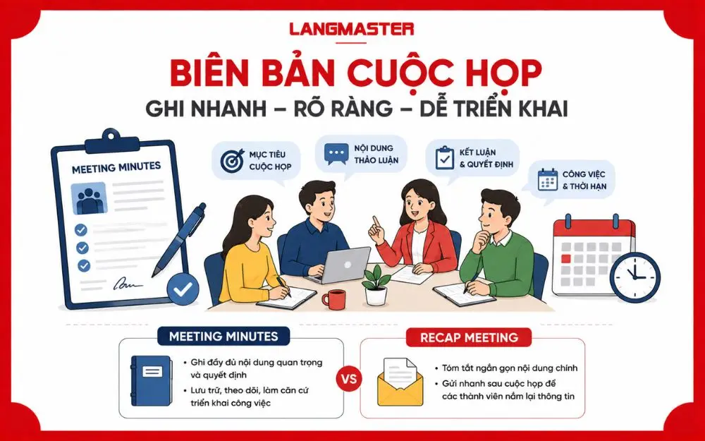 Biên bản cuộc họp ghi lại nội dung, quyết định và đầu việc cần triển khai.