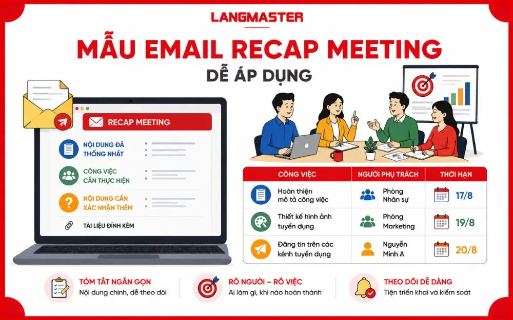 Mẫu email recap meeting giúp tổng hợp kết luận, phân công và thời hạn rõ ràng.