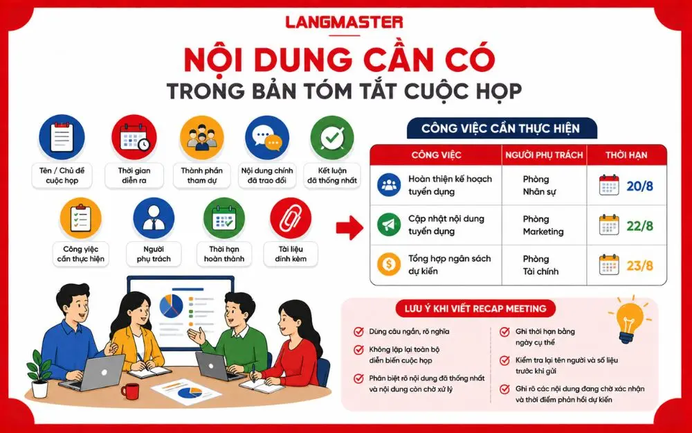 Bản tóm tắt cuộc họp cần nêu rõ nội dung, kết luận, đầu việc và thời hạn.