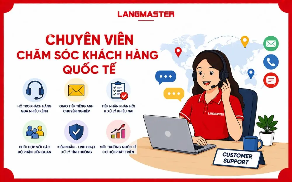 Chuyên viên chăm sóc khách hàng quốc tế hỗ trợ đa kênh và xử lý phản hồi bằng tiếng Anh.