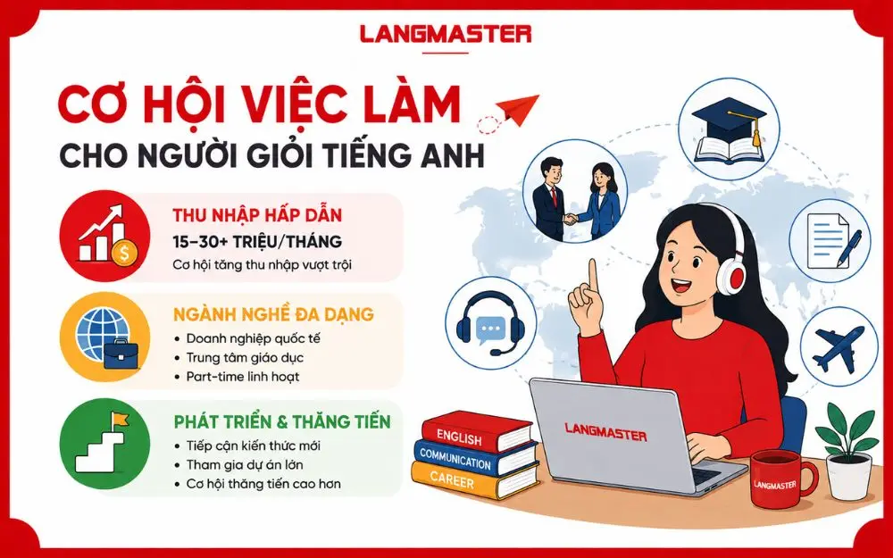 Tiếng Anh mở rộng cơ hội thu nhập, ngành nghề và lộ trình thăng tiến.