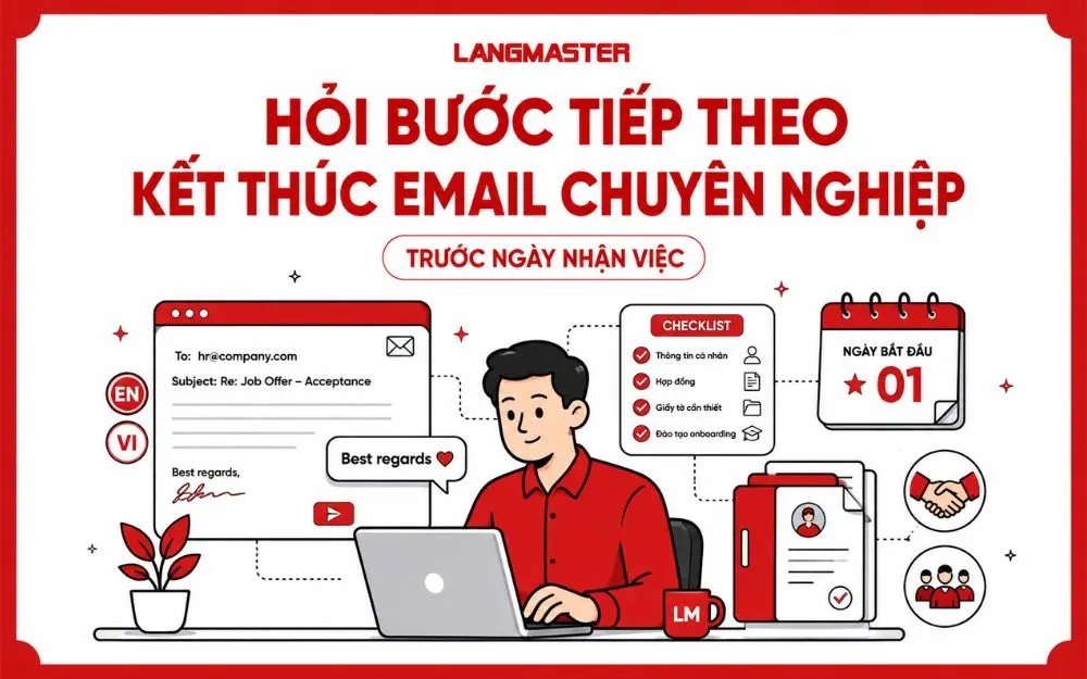 Cách hỏi bước tiếp theo và kết thúc email phản hồi lời mời làm việc chuyên nghiệp.