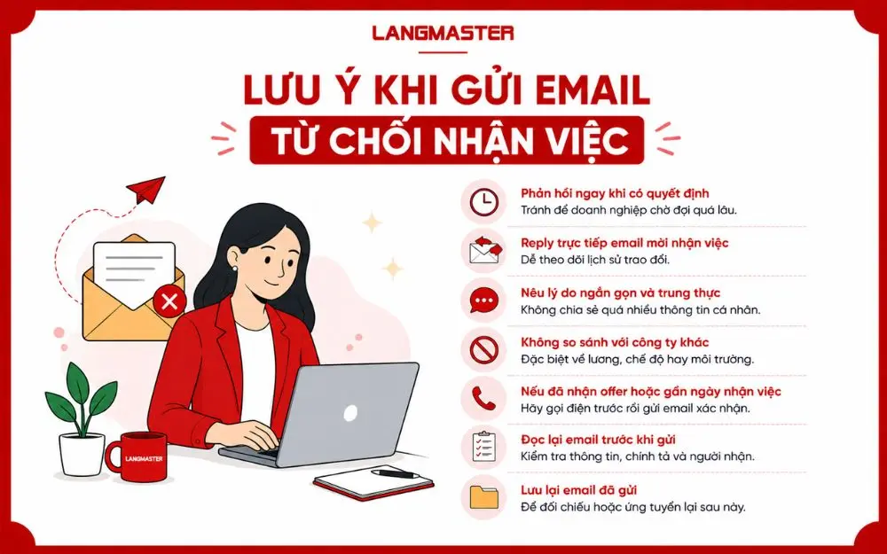 Những lưu ý quan trọng giúp gửi email từ chối nhận việc lịch sự và chuyên nghiệp.