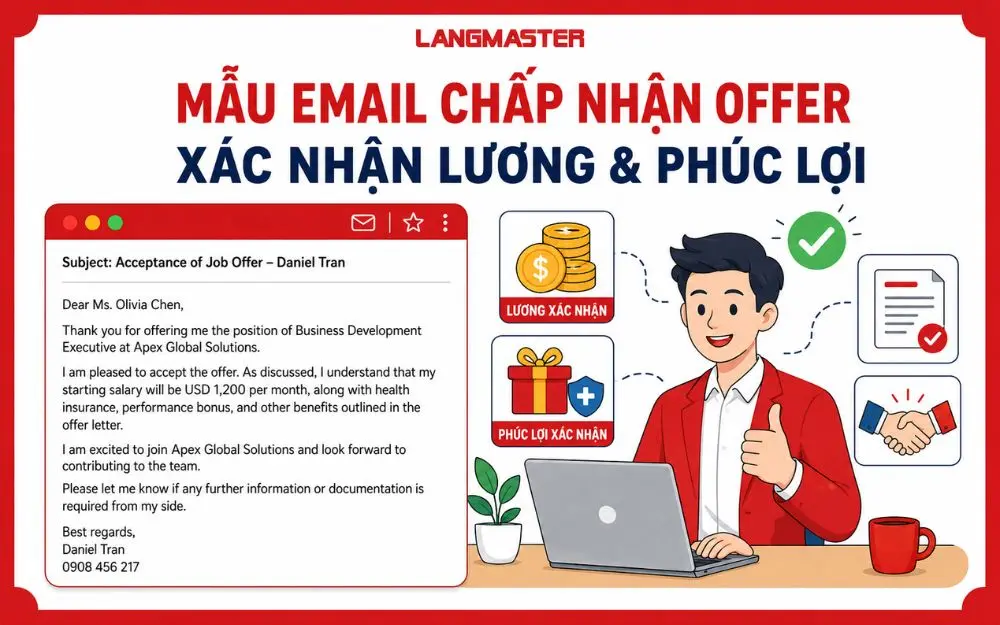 Mẫu email chấp nhận offer kèm xác nhận mức lương và phúc lợi bằng tiếng Anh.