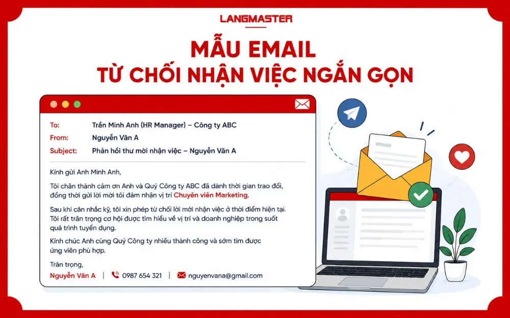 Mẫu email từ chối nhận việc ngắn gọn, lịch sự và chuyên nghiệp