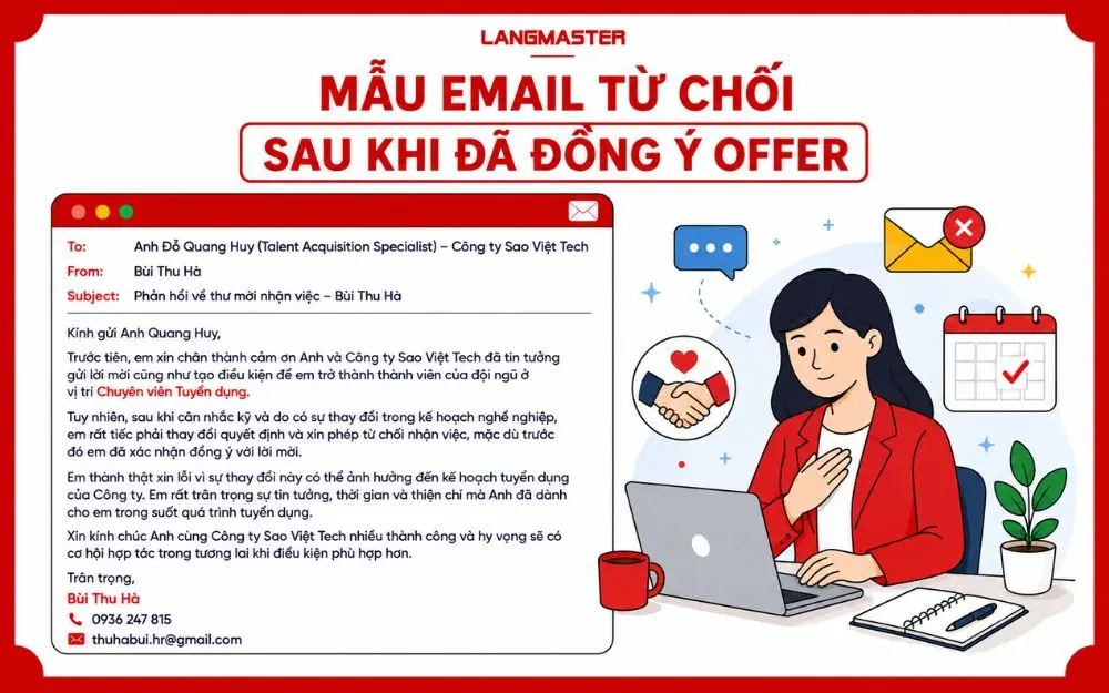 Mẫu email từ chối nhận việc sau khi đã đồng ý offer, kèm lời xin lỗi chuyên nghiệp.