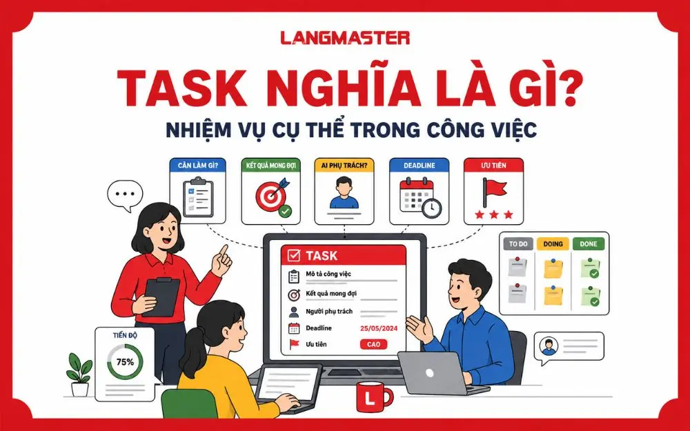 Task là nhiệm vụ cụ thể trong công việc, có mục tiêu, người phụ trách và thời hạn rõ ràng.