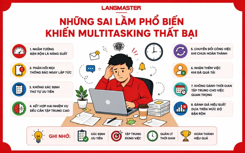 Những sai lầm phổ biến khi Multitasking khiến công việc gián đoạn, quá tải và giảm hiệu suất.