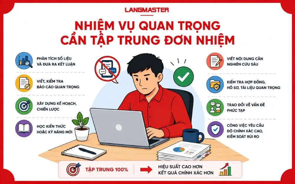 Các nhiệm vụ quan trọng cần tập trung đơn nhiệm để đảm bảo độ chính xác và hiệu suất.