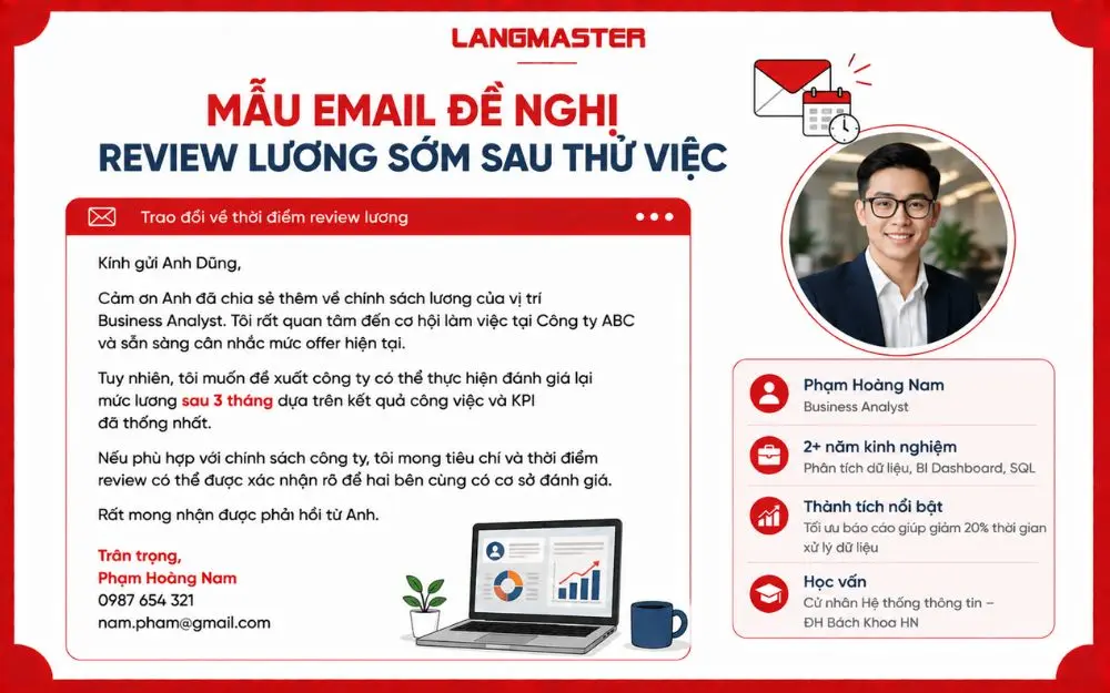 Mẫu email đề nghị review lương sớm sau thử việc, giúp ứng viên thống nhất rõ thời điểm và tiêu chí đánh giá.