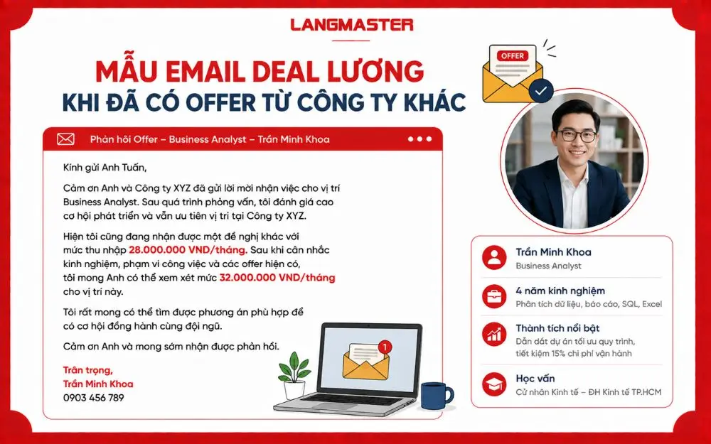 Mẫu email deal lương khi đã có offer khác, giúp ứng viên thương lượng chuyên nghiệp và có căn cứ.