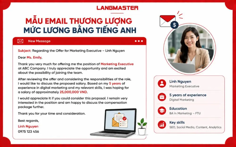 Mẫu email thương lượng lương bằng tiếng Anh giúp ứng viên đề xuất mức thu nhập chuyên nghiệp và rõ ràng.