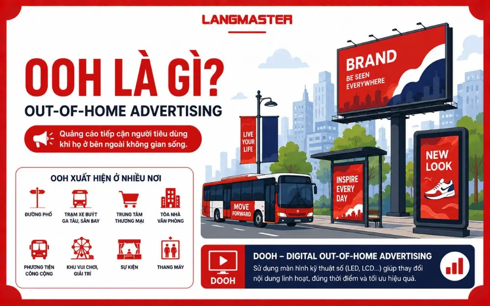 OOH là hình thức quảng cáo tiếp cận khách hàng ngoài không gian sống cá nhân, phổ biến tại đường phố, phương tiện và địa điểm công cộng.