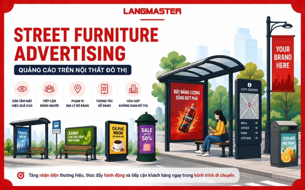 Street Furniture Advertising giúp thương hiệu tiếp cận khách hàng gần tầm mắt tại các không gian đô thị.