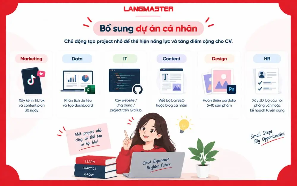 Gợi ý bổ sung dự án cá nhân vào CV xin thực tập để chứng minh năng lực thực tế.
