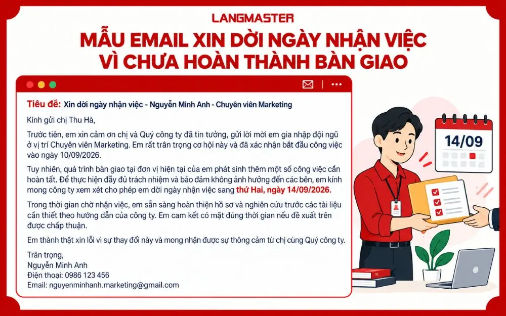 Mẫu email xin dời ngày nhận việc vì chưa hoàn thành bàn giao