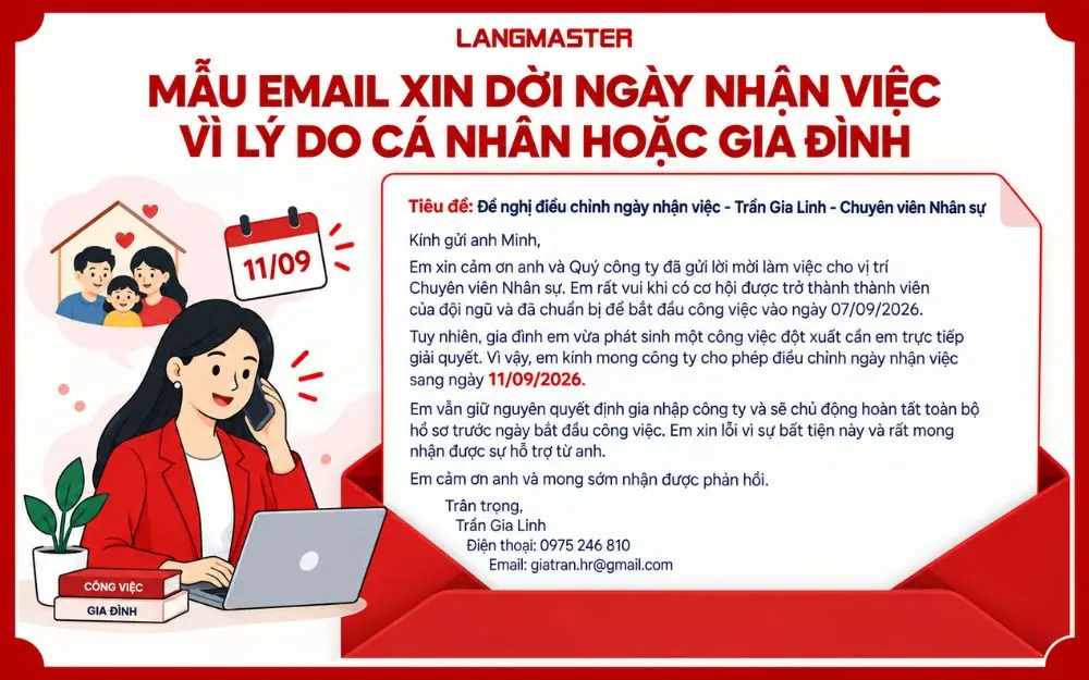 Mẫu email xin dời ngày nhận việc vì lý do cá nhân hoặc gia đình