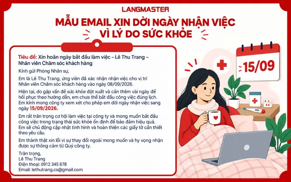 Mẫu email xin dời ngày nhận việc vì lý do sức khỏe