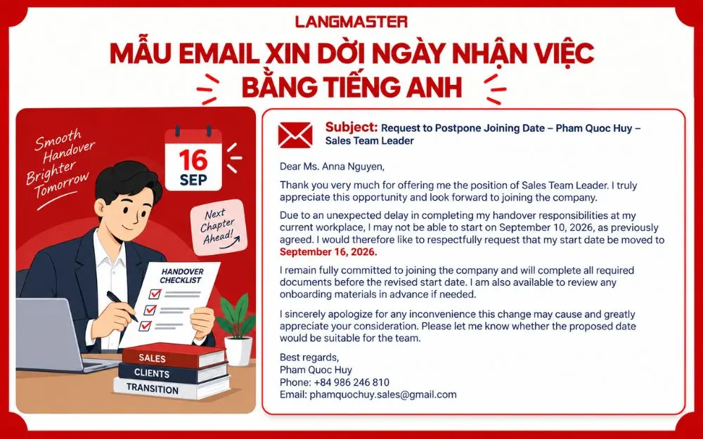 Mẫu email xin dời ngày nhận việc bằng tiếng Anh