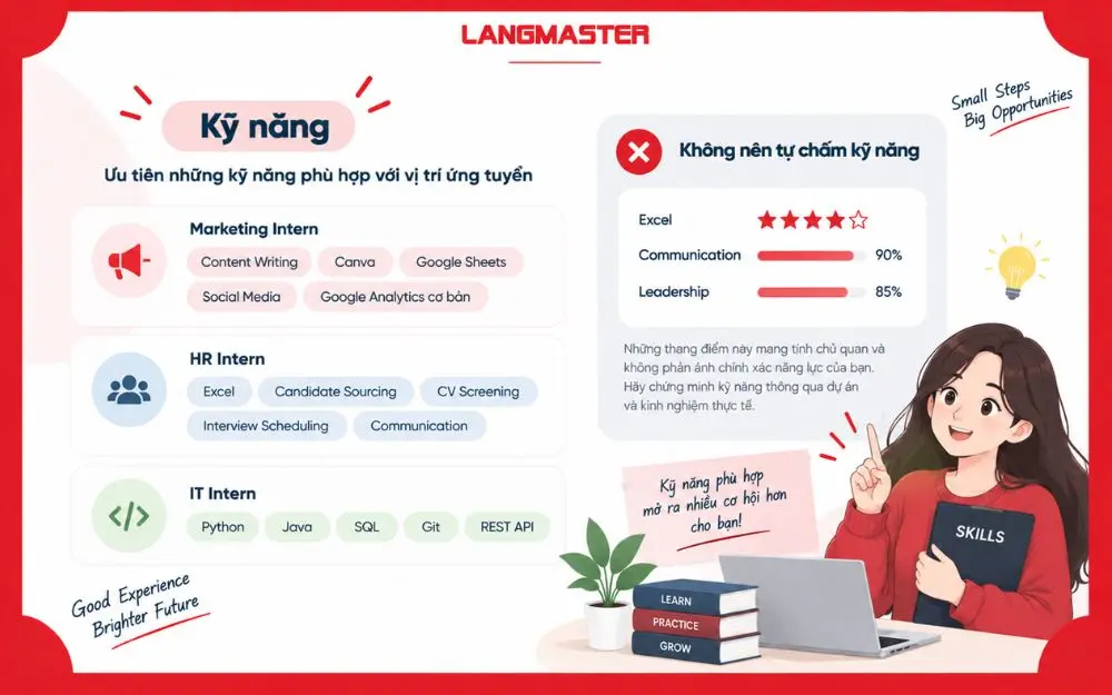 Cách trình bày kỹ năng phù hợp trong CV xin thực tập theo từng vị trí.