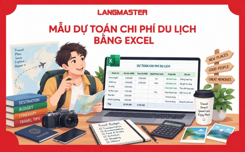 Mẫu dự toán chi phí du lịch bằng Excel giúp theo dõi ngân sách dự kiến, chi phí thực tế, người thanh toán và trạng thái từng khoản chi trong chuyến đi.
