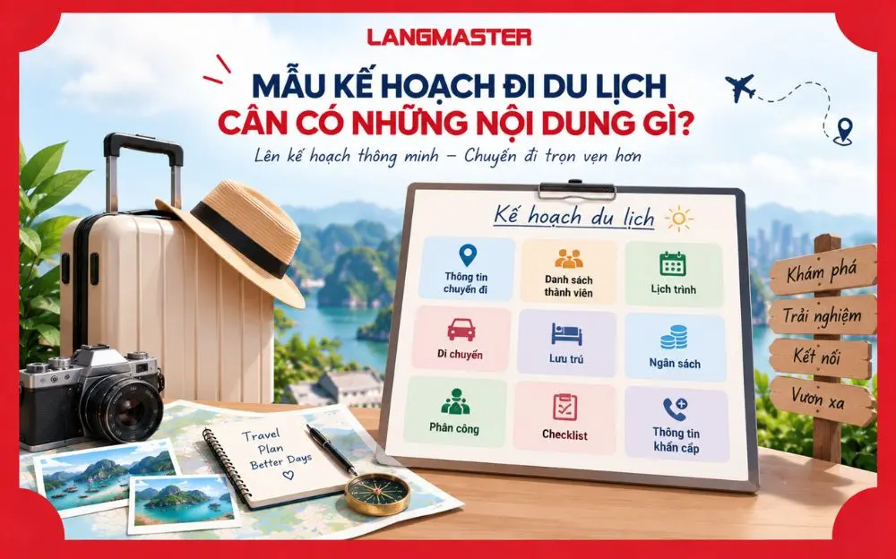 Mẫu kế hoạch đi du lịch cần có các nội dung chính như thông tin chuyến đi, thành viên, lịch trình, di chuyển, lưu trú, ngân sách, phân công, checklist và thông tin khẩn cấp.