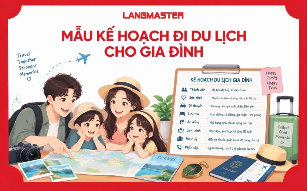 Mẫu kế hoạch đi du lịch cho gia đình giúp theo dõi thành viên, sức khỏe, di chuyển, lưu trú, ăn uống, lịch trình, hành lý và thông tin khẩn cấp trong cùng một kế hoạch.