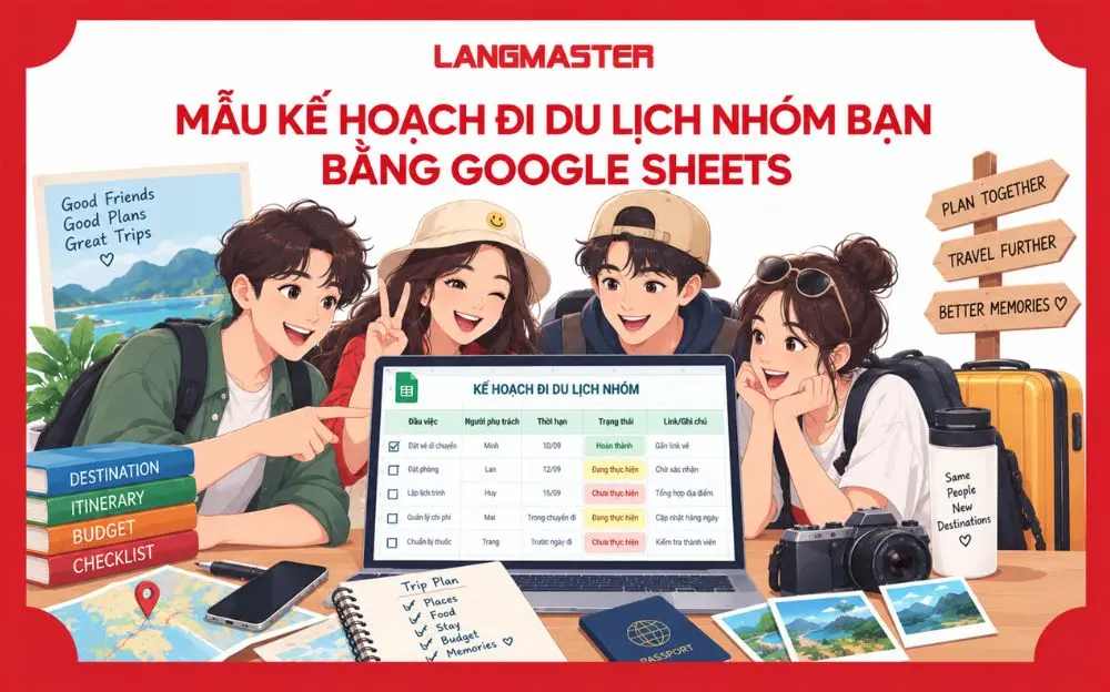 Mẫu kế hoạch đi du lịch nhóm bạn bằng Google Sheets giúp phân công đầu việc, theo dõi người phụ trách, thời hạn và trạng thái thực hiện trên cùng một file chung.