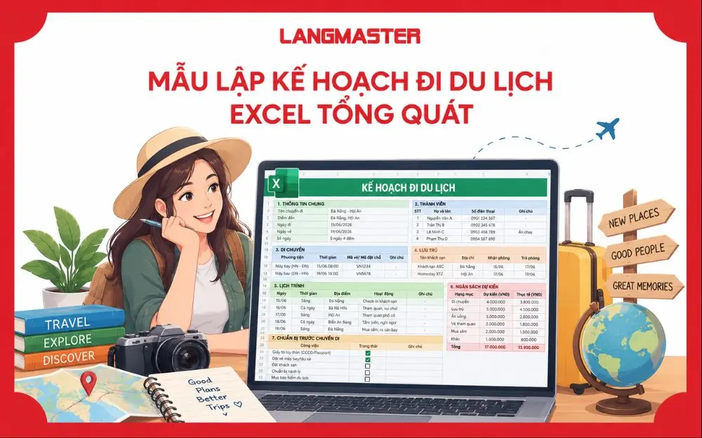 Mẫu lập kế hoạch đi du lịch Excel tổng quát giúp quản lý lịch trình, thành viên, di chuyển, lưu trú và ngân sách trên cùng một file.