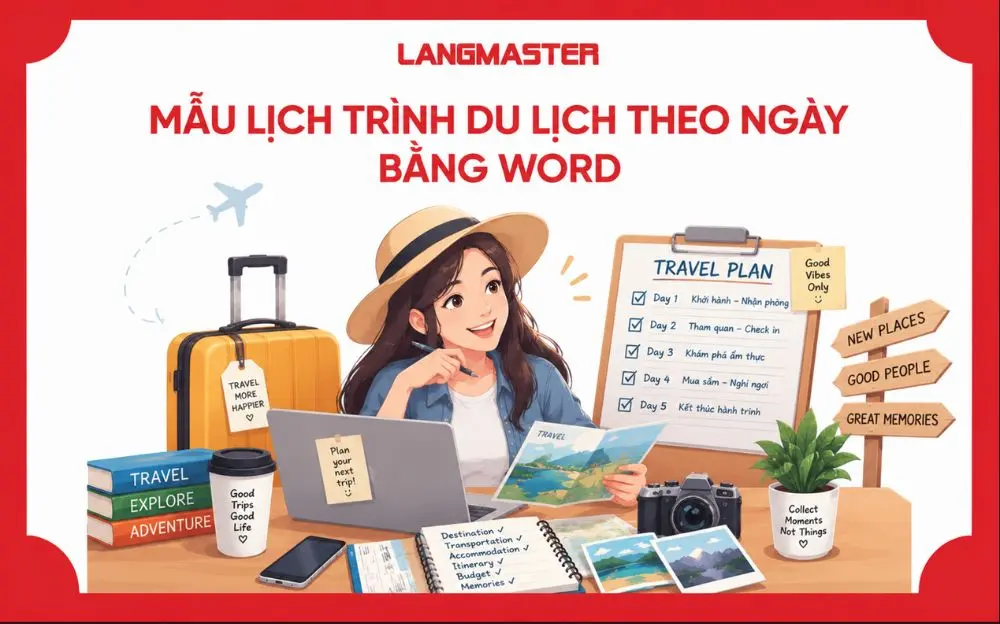 Mẫu lịch trình du lịch theo ngày bằng Word giúp sắp xếp hoạt động theo từng khung giờ, địa điểm, phương tiện, chi phí và ghi chú cụ thể.